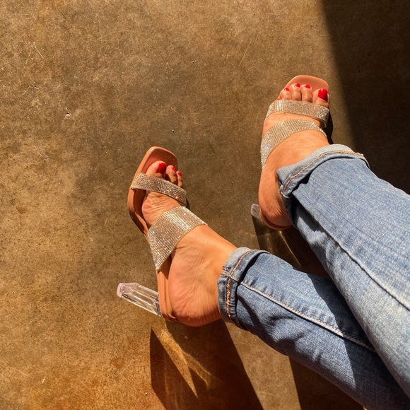 Nude Double Strap Blinged Lucite Heels - Picture 4 of 10